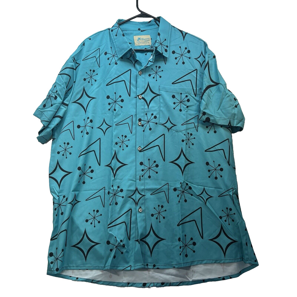 Royaura Mens XXL Hawaiian Shirt Mid Century Modern Atomic Boomerang Turquoise‎